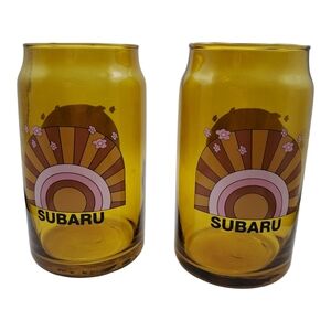 ​Set of 2 Subaru Amber Glass Beer Can Glasses Retro 70s Rainbow & Floral Design